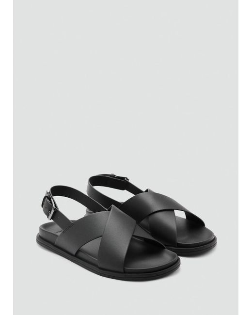 Mango Black 100% Leather Crossed Strap Sandal for men