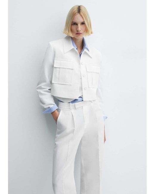Mango White Crop Suit Jacket With Pockets