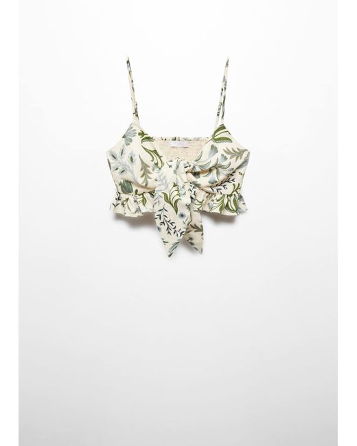 Mango White Printed Crop Top With Bow