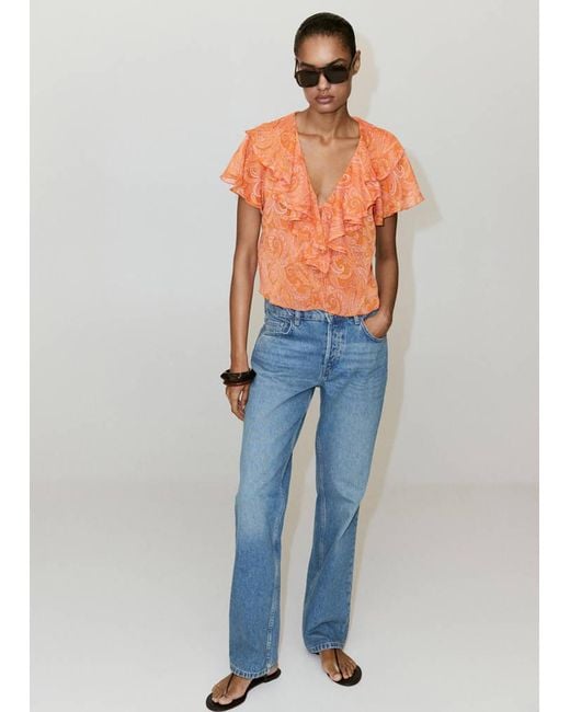 Mango Blue Ruffles Printed Blouse