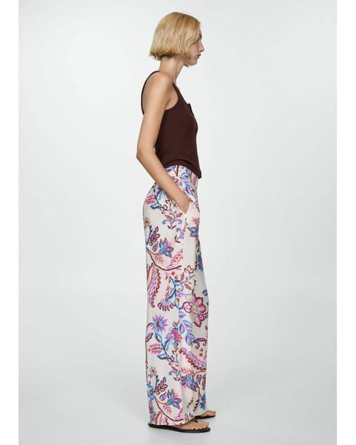 Mango White Floral Print Straight Trousers