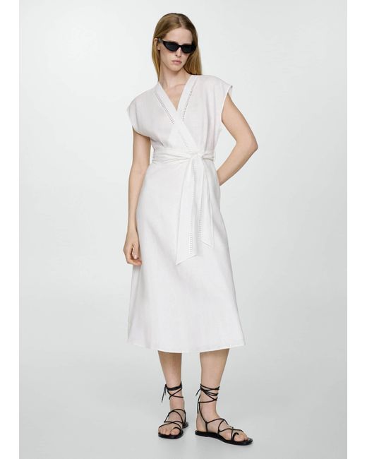Mango White 100% Linen Bow Dress