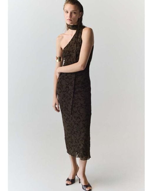 Mango Brown Devoré Dress With Tie Detail