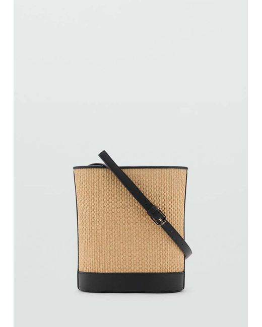 Mango White Medium Raffia-Effect Bucket Bag