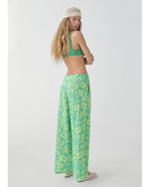 Mango Green Printed Pants With Turn-up Waist Pastel