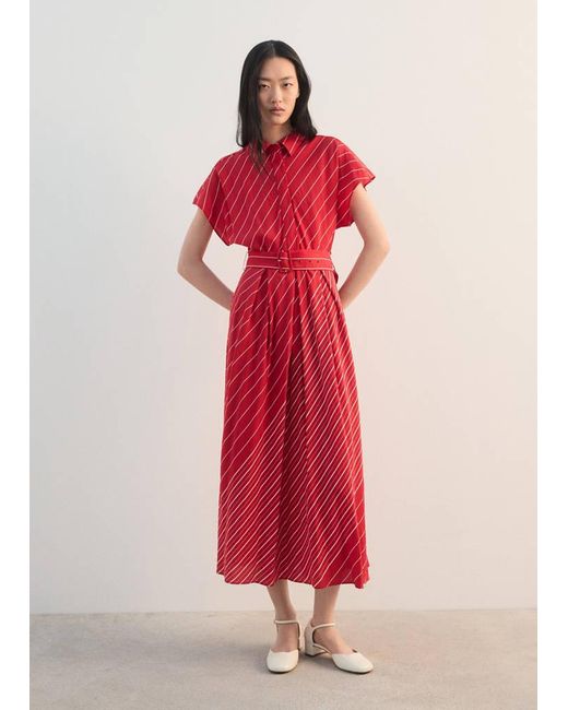 Mango Red Belted Striped Shirt Dress