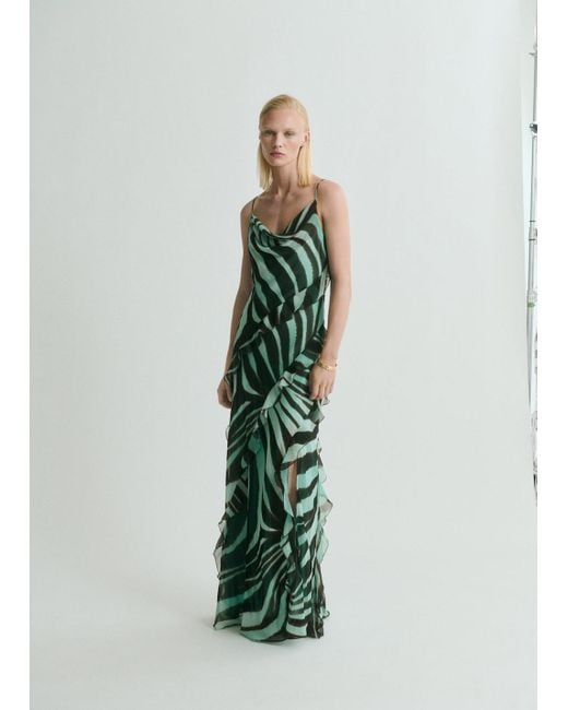 Mango Green Zebra-Print Dress With Ruffles