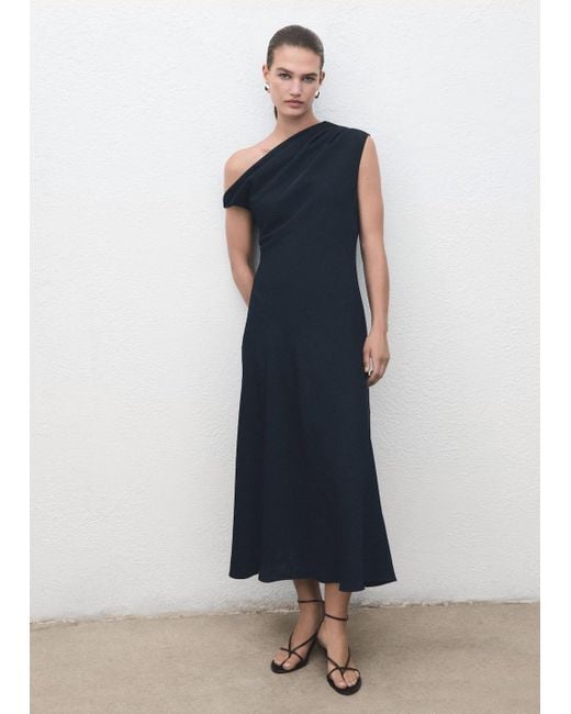 Mango Blue A-Line Dress With Asymmetrical Neckline