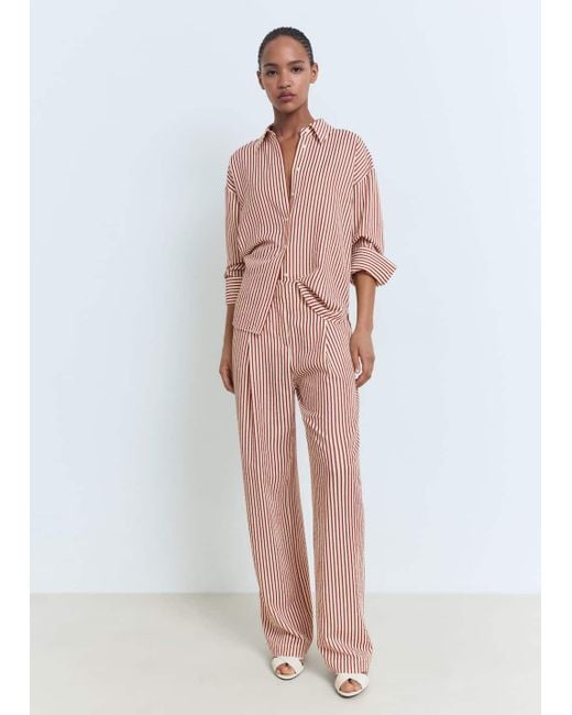 Mango White Pleated Striped Trousers