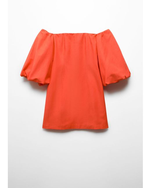 Mango Red Puffed Sleeves Dress Coral