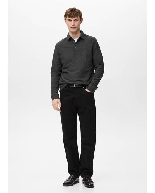 Mango Black Knitted Structured Polo Sweater for men