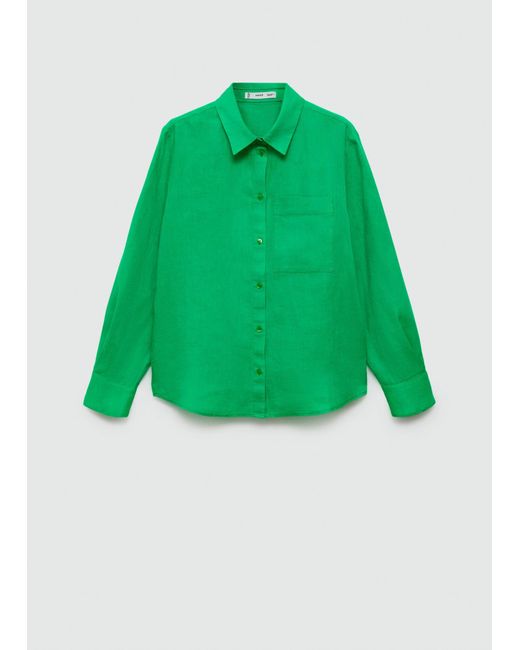 Mango 100% Linen Long Sleeve Shirt Green