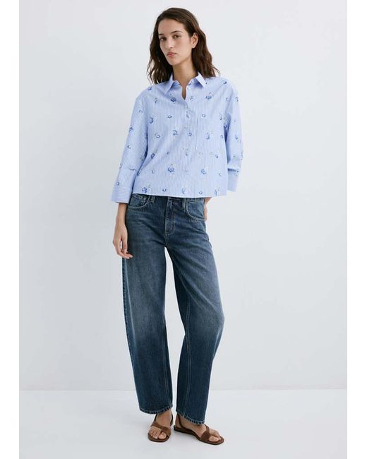 Mango Blue Flower Embroidered Striped Shirt