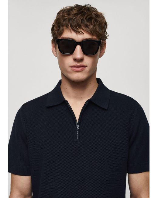 Mango Blue Cotton-knit Polo Shirt With Zip Dark for men