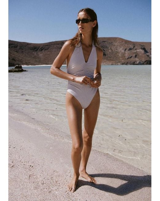 Mango Gray Ruched Halter Swimsuit