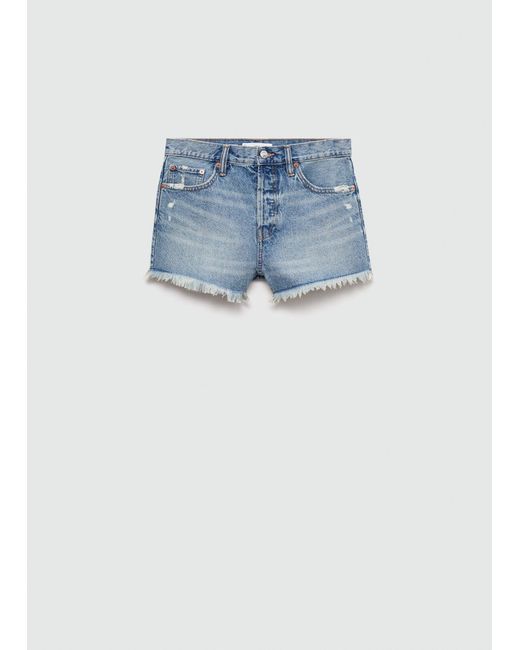 Mango Blue Denim Shorts With Frayed Hem Medium