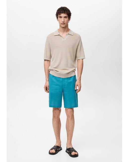 Mango Blue Linen-Blend Bermuda Shorts With Drawstring for men