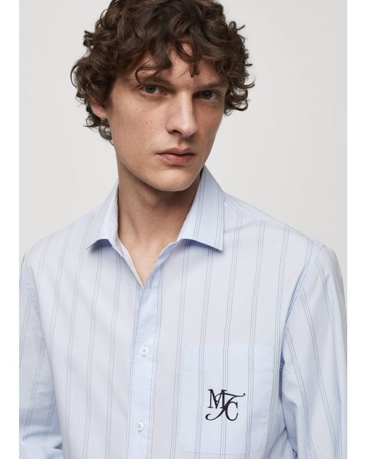 Mango White Classic-fit Cotton Striped Embroidered Shirt for men