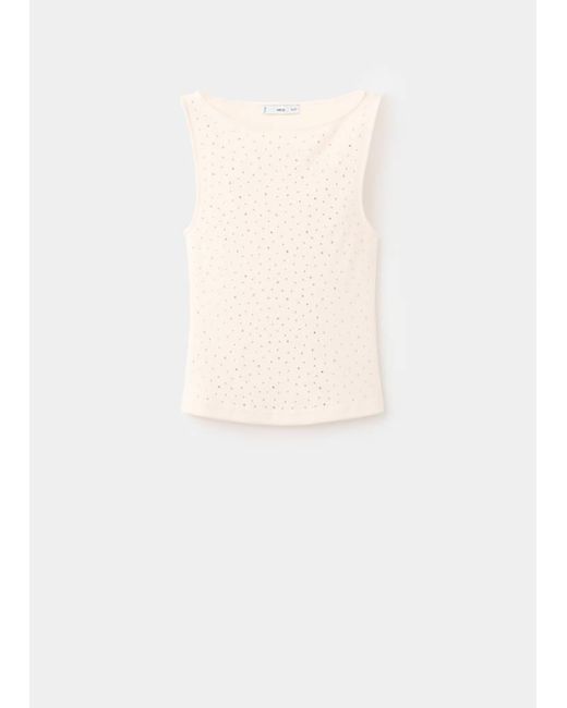 Mango White Boat-Neck Top With Rhinestones