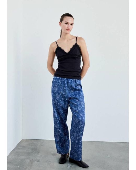 Mango Blue Openwork Cotton Top With Lace Detail