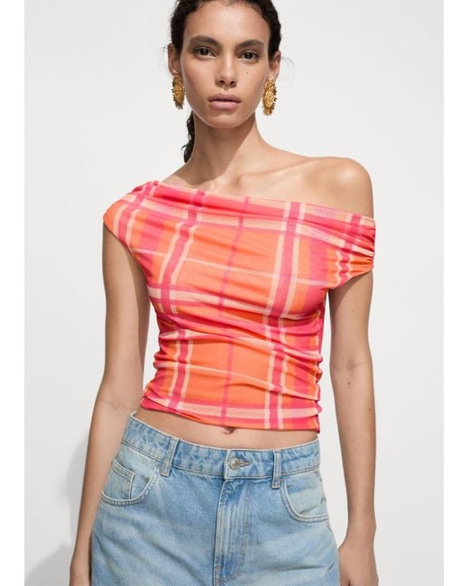 Mango Red Printed Boat-neck Top