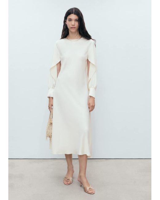 Mango White Satin Dress With Slit Sleeves