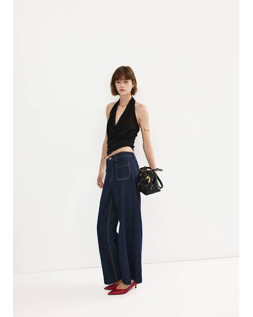Mango Blue Wide-Leg Patch Pocket Jeans