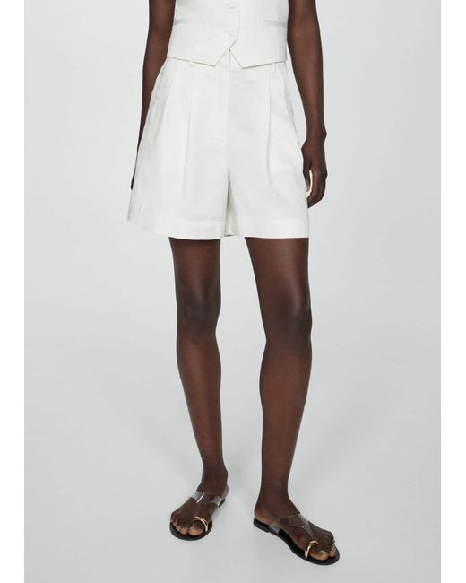 Mango White Linen-blend Bermuda Plated Shorts