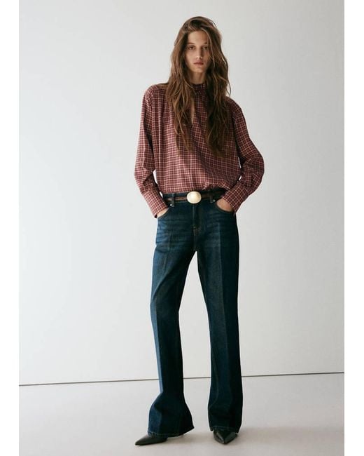 Mango Blue Checked Blouse With V-Neckline
