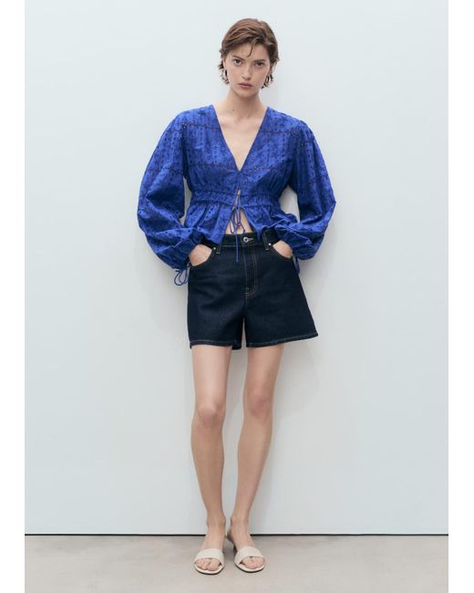 Mango Blue English Embroidery Blouse With Bows