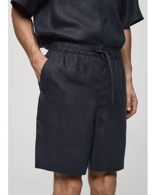 Mango Blue 100% Linen Bermuda Shorts With Drawstring for men