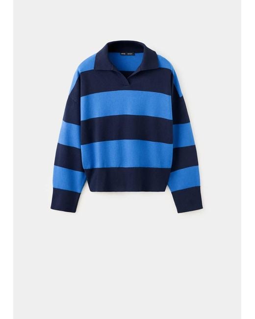 Mango Blue Striped Polo-Neck Sweater