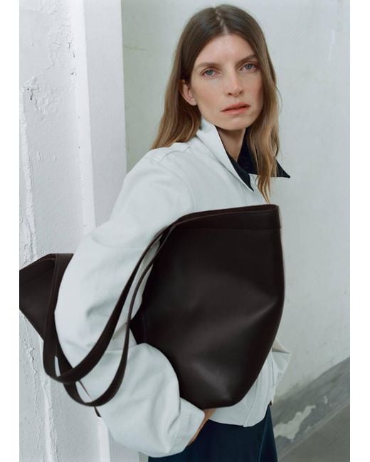 Mango Black Large Leather Shoulder Bag