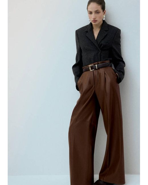 Mango Brown Wide Leg Faux-Leather Trousers