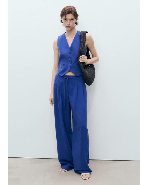 Mango Blue Lyocell Suit Trousers With Bow Belt