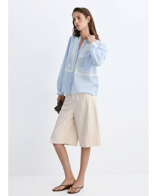 Mango Blue Embroidered Cotton Blouse With Ruched Details