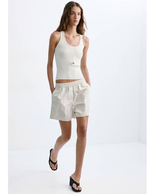 Mango White Ribbed Top With Lace Detail