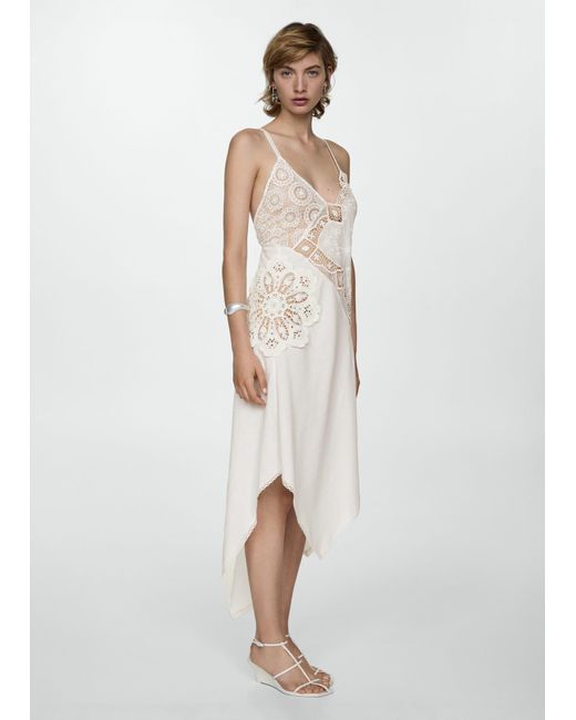 Mango White Asymmetrical Dress With Embroidered Panels