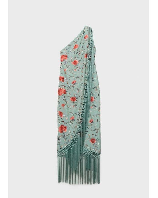 green emerald velvet dress Floral Embroidered Fringed Piano Shawl Dress