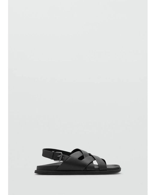 Mango Black Cross-Strap Leather Sandals for men