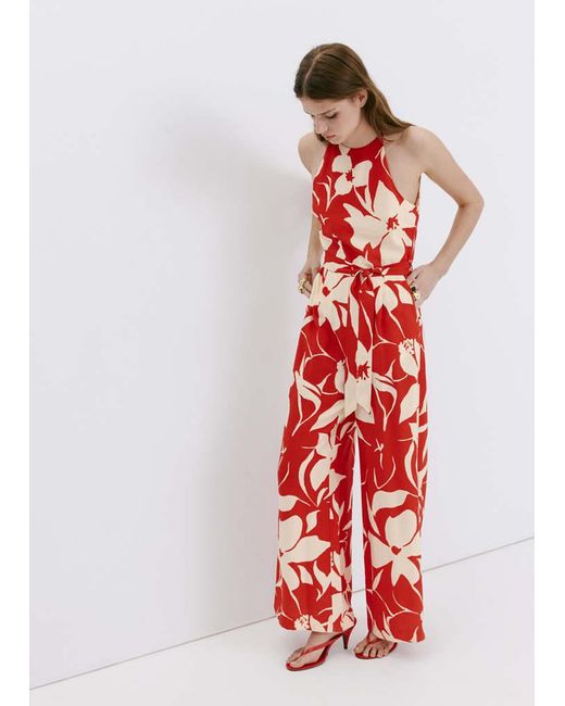 Mango Red Floral Print Jumpsuit With Belt