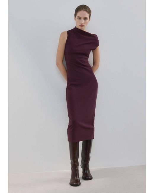 Mango Purple Asymmetrical-Neck Midi-Dress