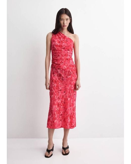 Mango Red Asymmetrical Floral-Print Dress