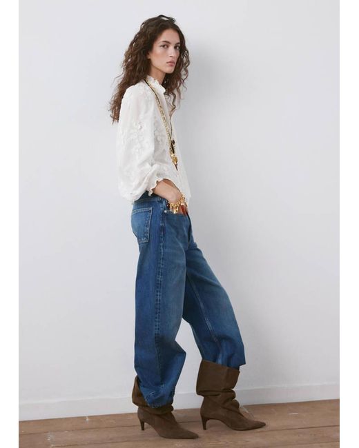 Mango White Floral Embroidery Blouse