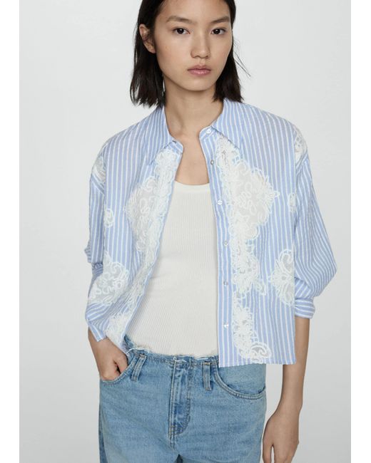 Mango Blue Embroidery Striped Shirt Sky