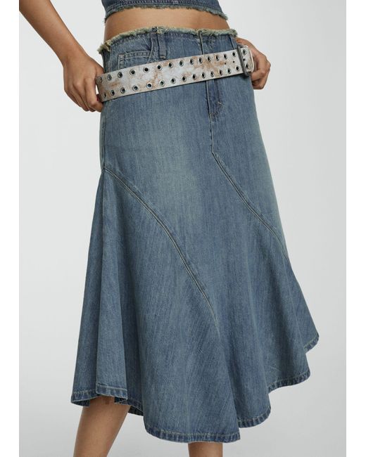 Mango Blue Asymmetrical Frayed Denim Skirt
