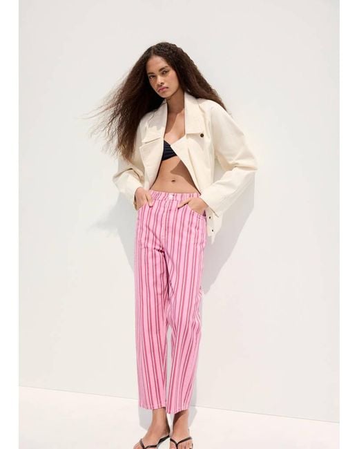 Mango Pink Straight-Fit Striped Jeans