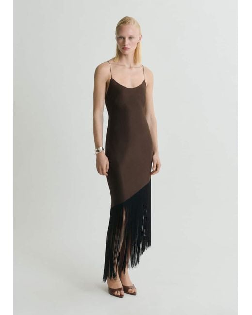 Mango White Asymmetrical Satin Dress With Fringes