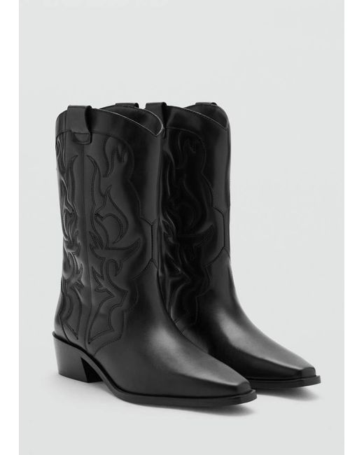 MANGO TEEN Black Cowboy Leather Boots With Embroidered Details
