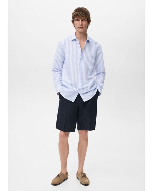 Mango Blue Regular-Fit Striped Cotton-Linen Shirt for men